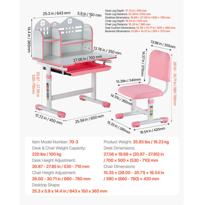 Kids Study Chair and Desk Set with Adjustable Height
