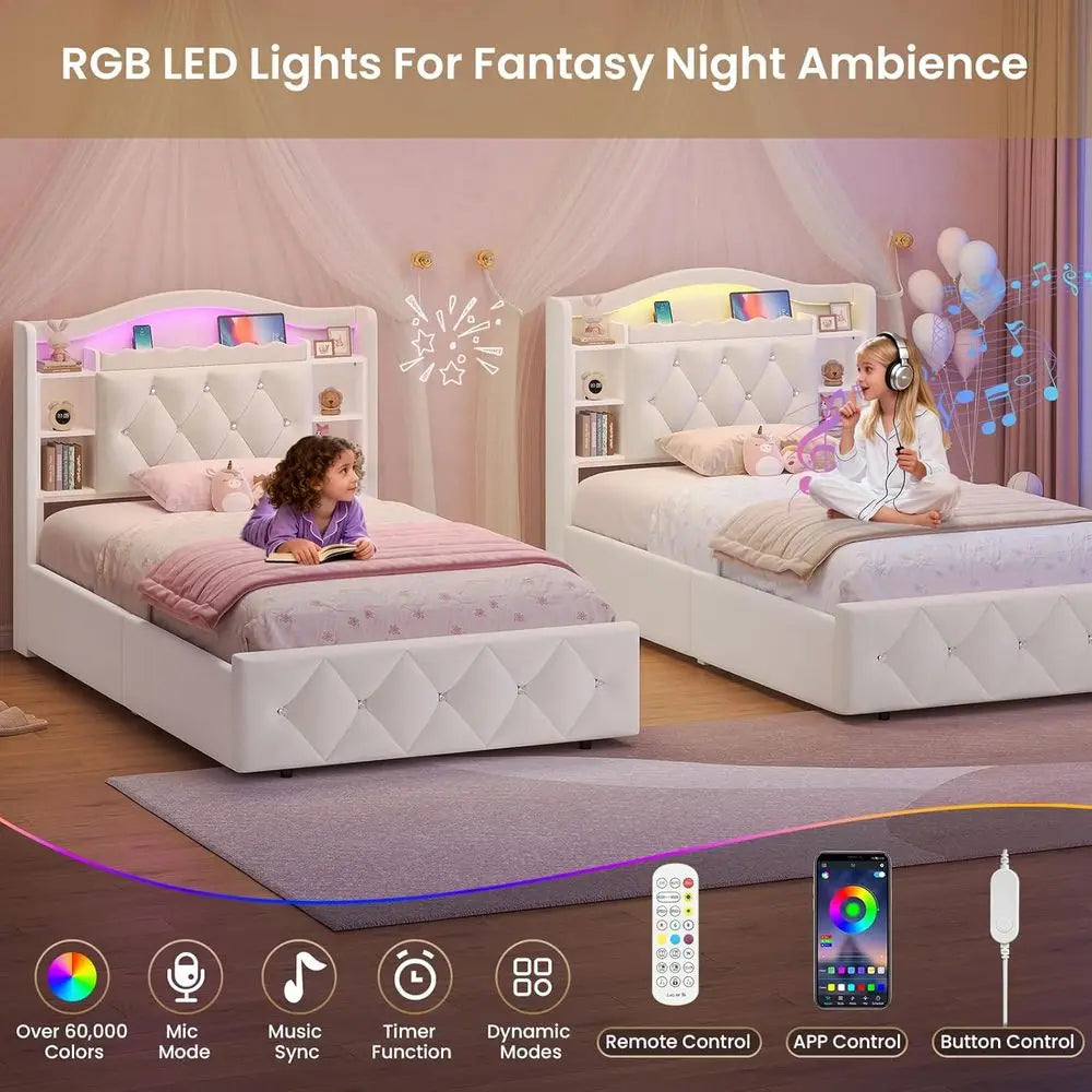 Kids Bed with Bookcase Headboard, Storage Drawers & LED Lights