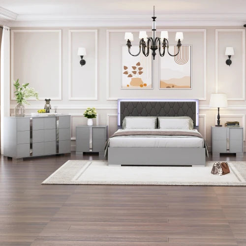 4 Pc Queen Bedroom Set w/ Upholstered Bed, Dresser & 2 Nightstands