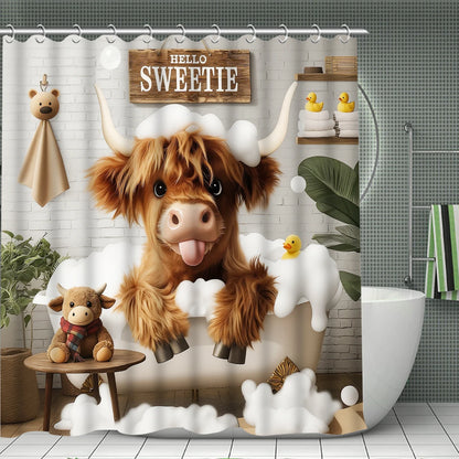 4Pcs Cute Highland Cow Shower Curtain Set with Hooks