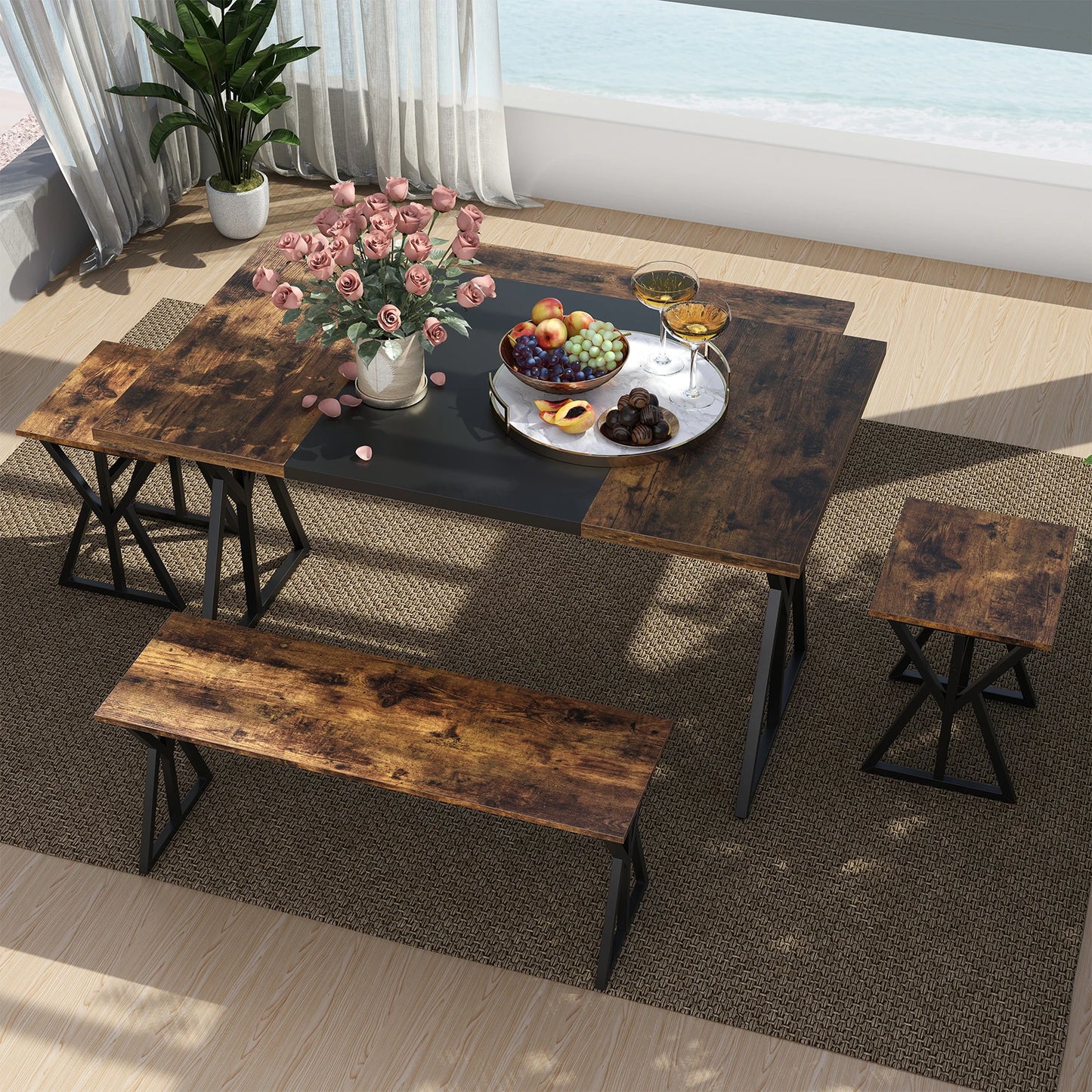 5-Piece Dining Room Set with 2 Benches & 2 Stools