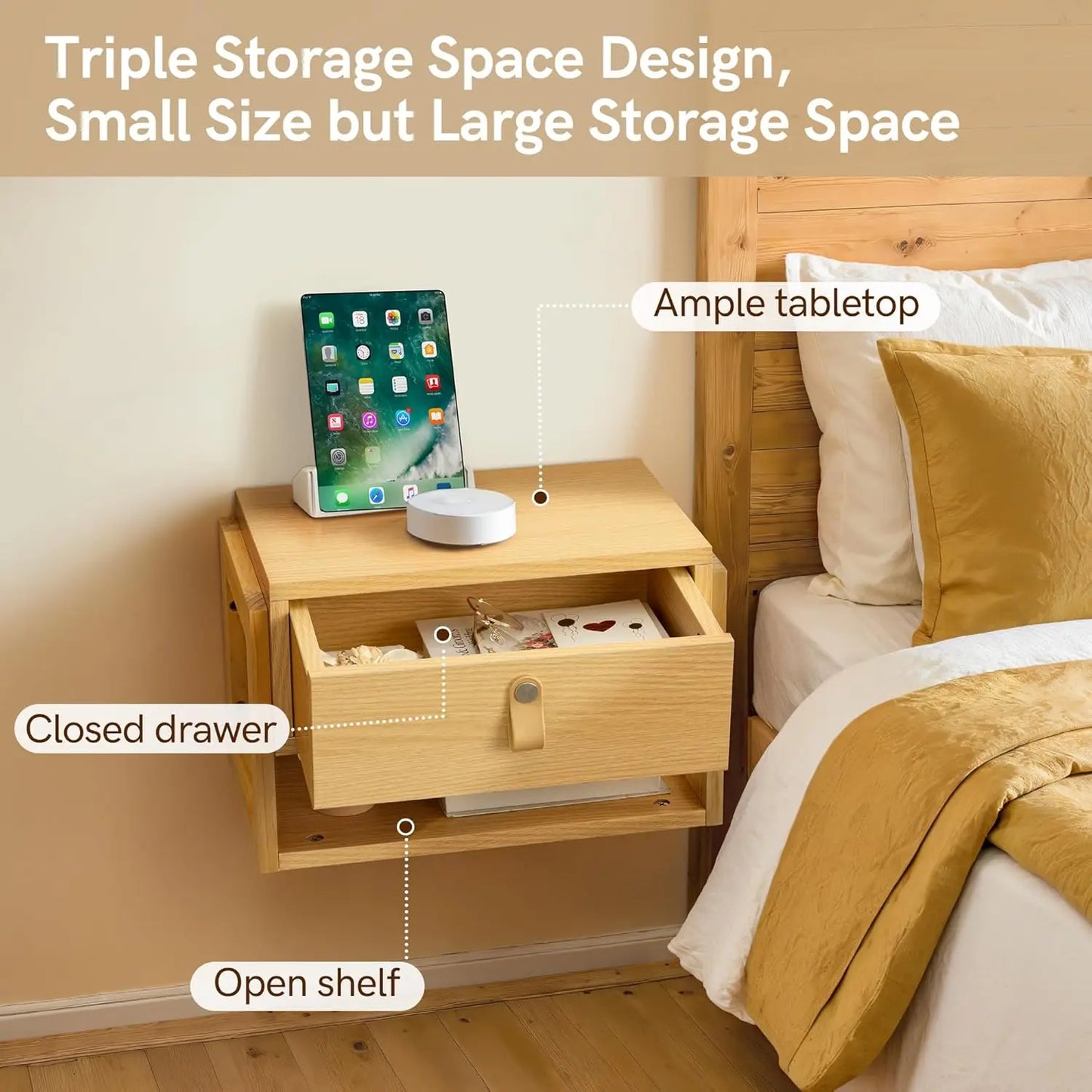 Floating Nightstand with LED Light Strips, Drawer & Shelf