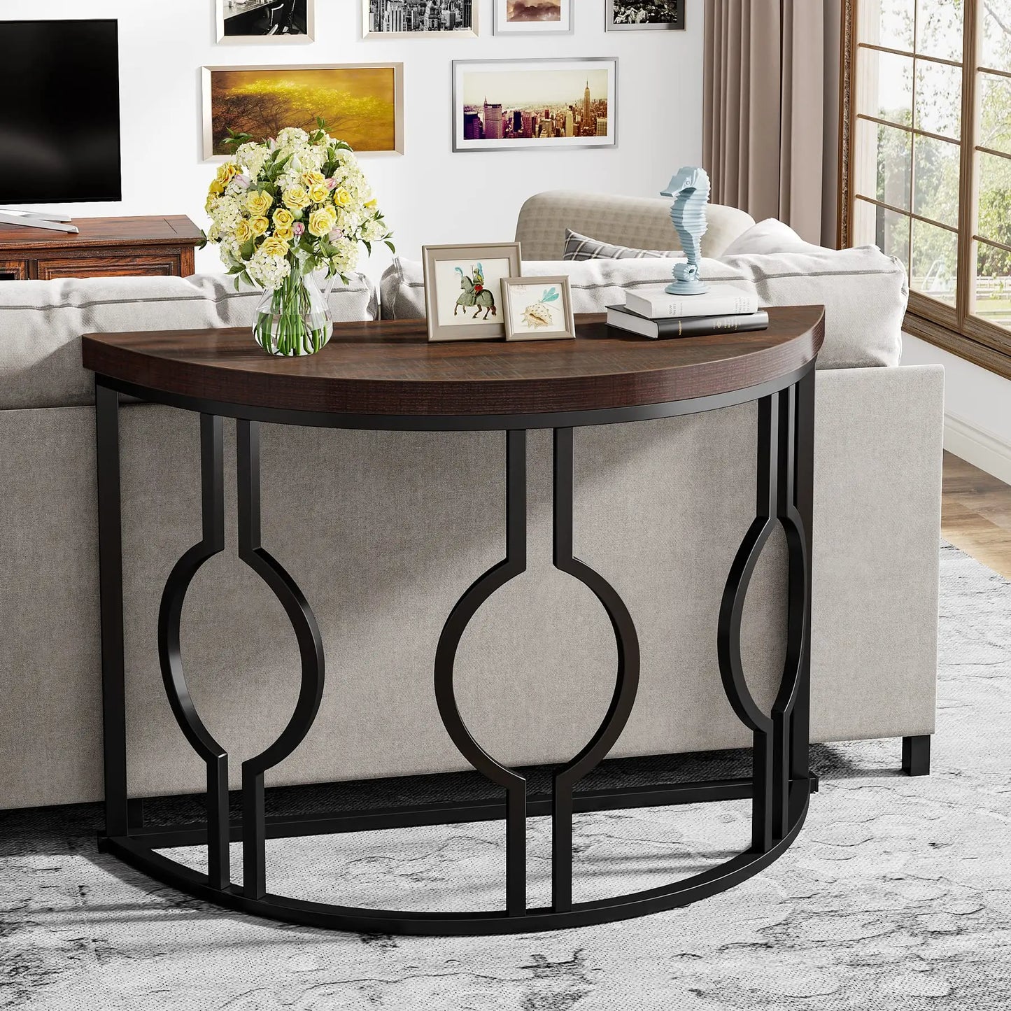 Half Moon Console Table with Geometric Base for Entryway