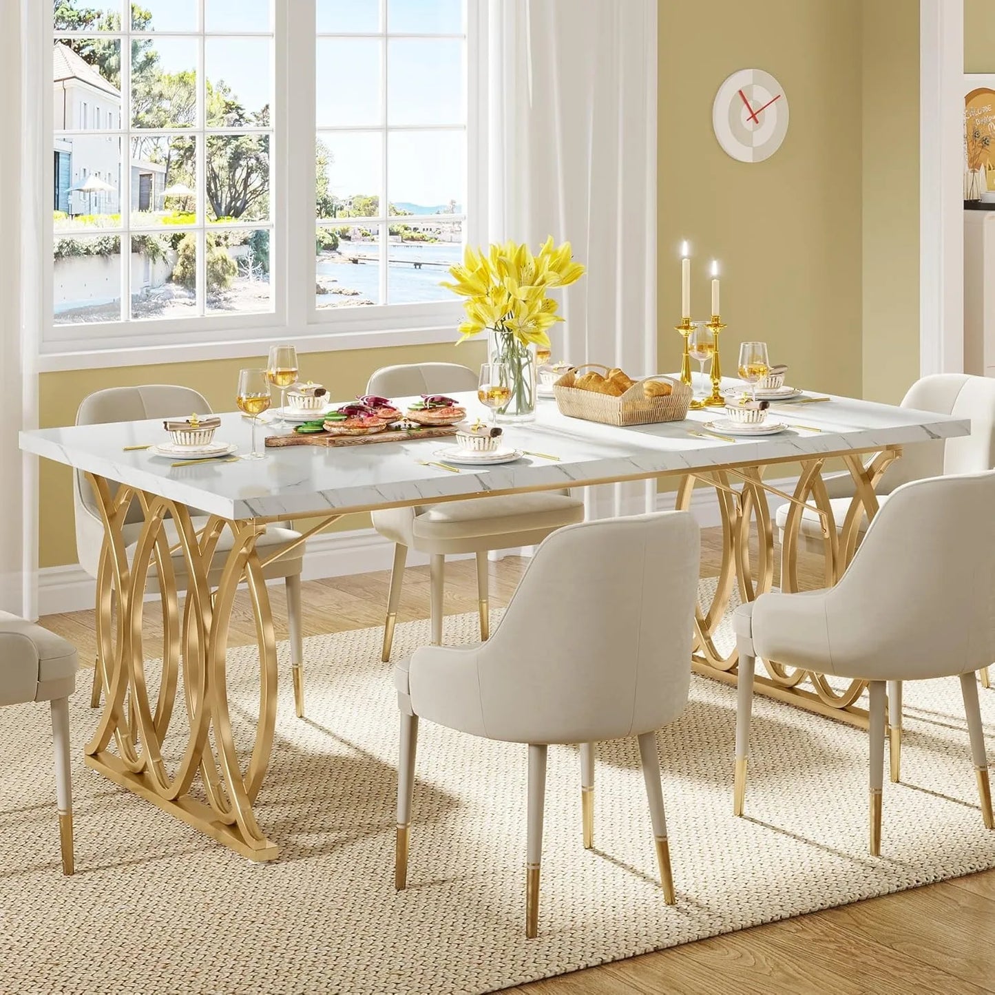 Faux Marble Modern Dining Table with Golden Geometric Legs
