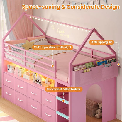 House Shaped Metal Twin Bed with Bookcase & Storage Drawers