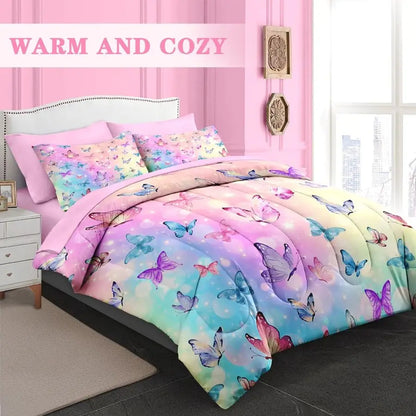 5 Pcs Comforter Set Twin Size, Pink, Blue & Purple Butterfly