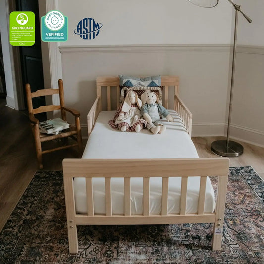 Vintage White Oak Toddler Bed with Safety Rails, Low-to-Floor Design