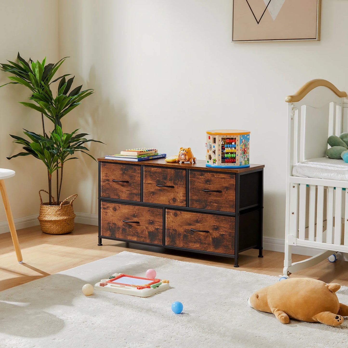 Wide Fabric Storage Tower with Wooden Top and Metal Frame