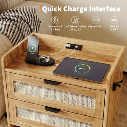 Modern Rattan Nightstand Set of 2 with Charging Station