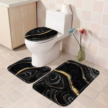 4-Piece Black Marble Shower Curtain Set with Rugs
