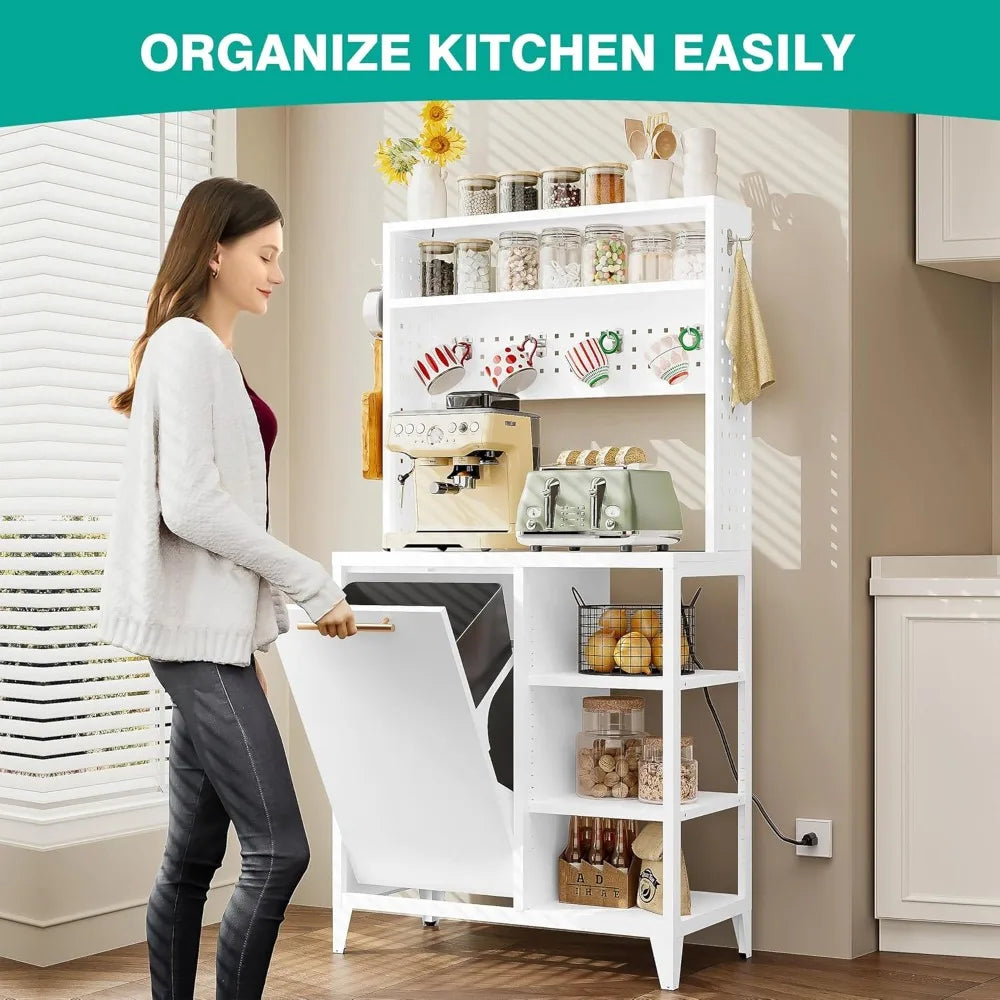 Baker's Rack with Trash Can Bin Cabinet and Power Outlet