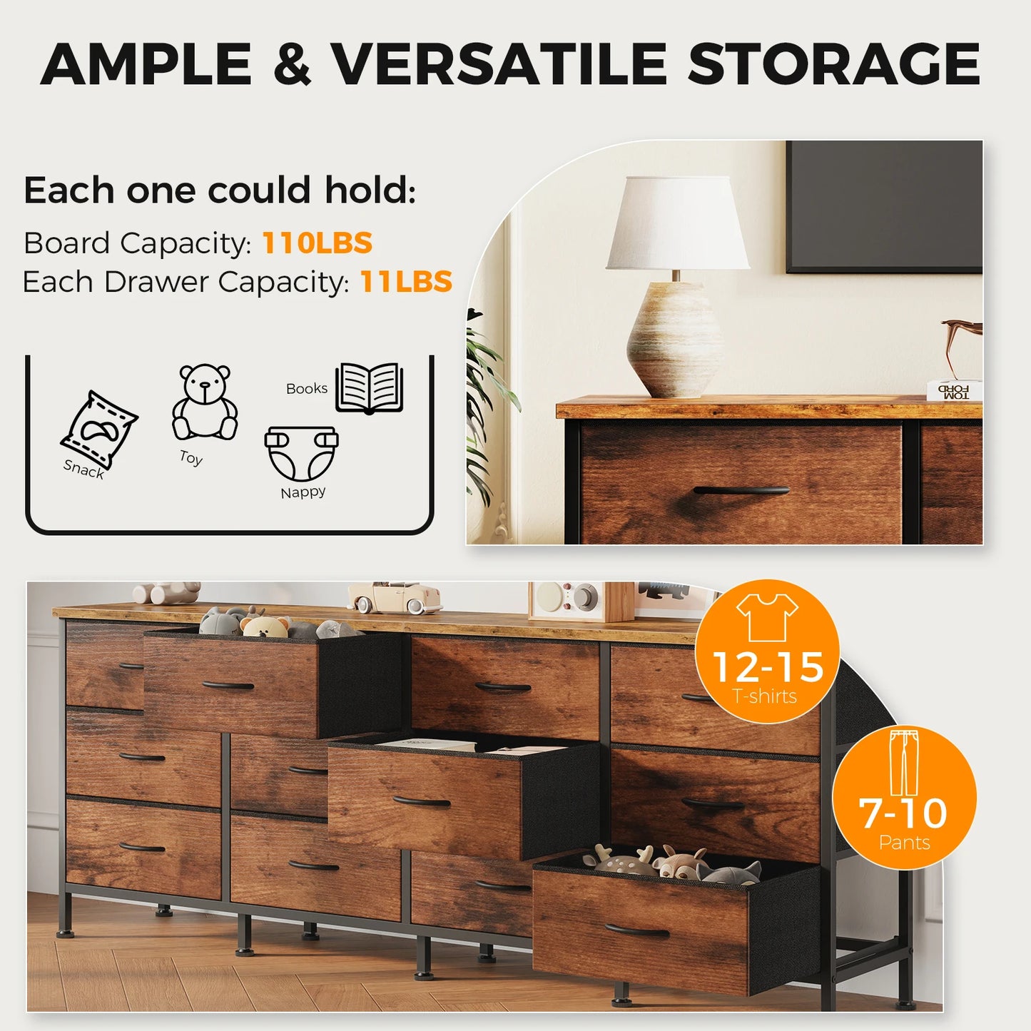 Wood Top Entertainment Center w/Fabric Drawers Fits Up to 80'' TVs