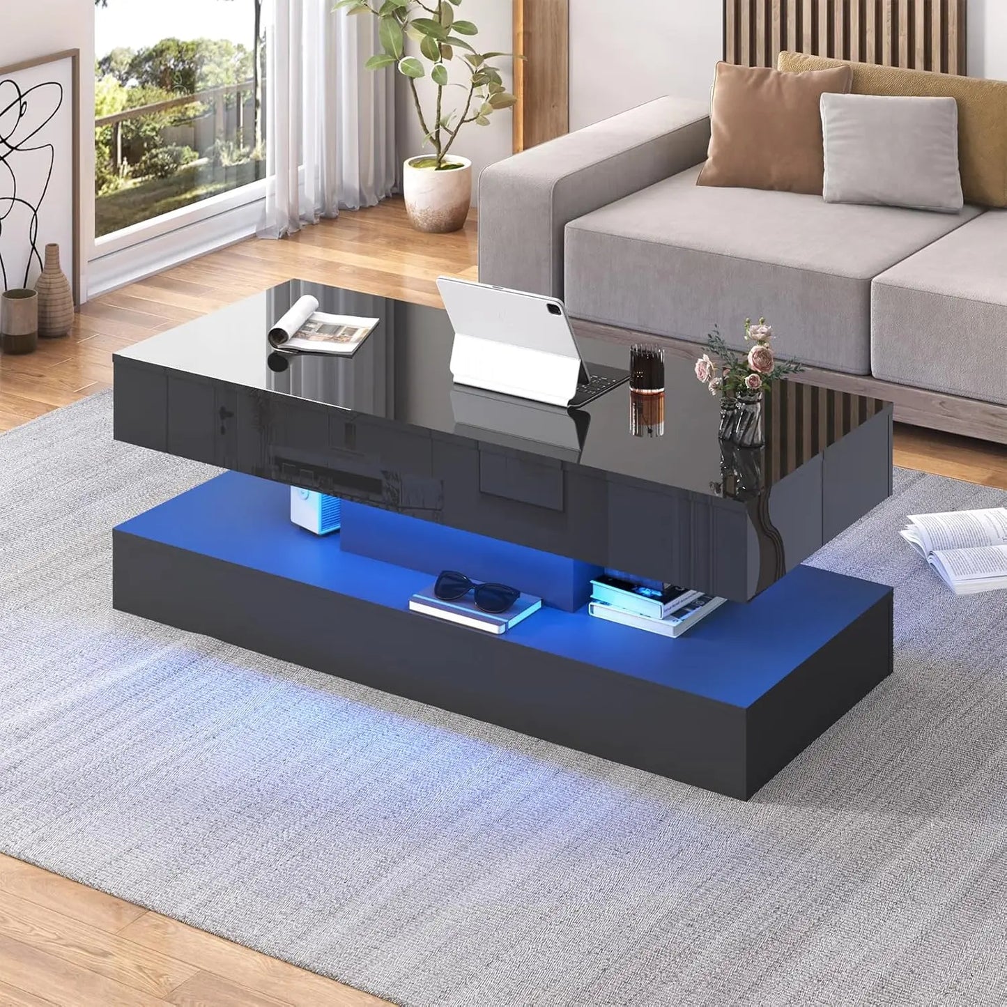 Double-Layer Coffee Table with LED lights & 2 Storage Drawers