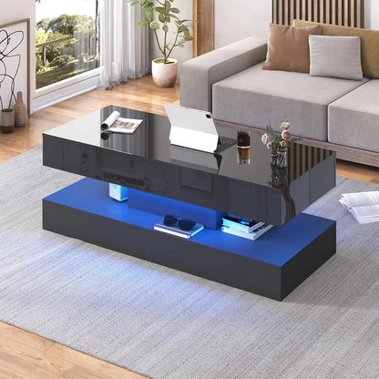 Double-Layer Coffee Table with LED lights & 2 Storage Drawers