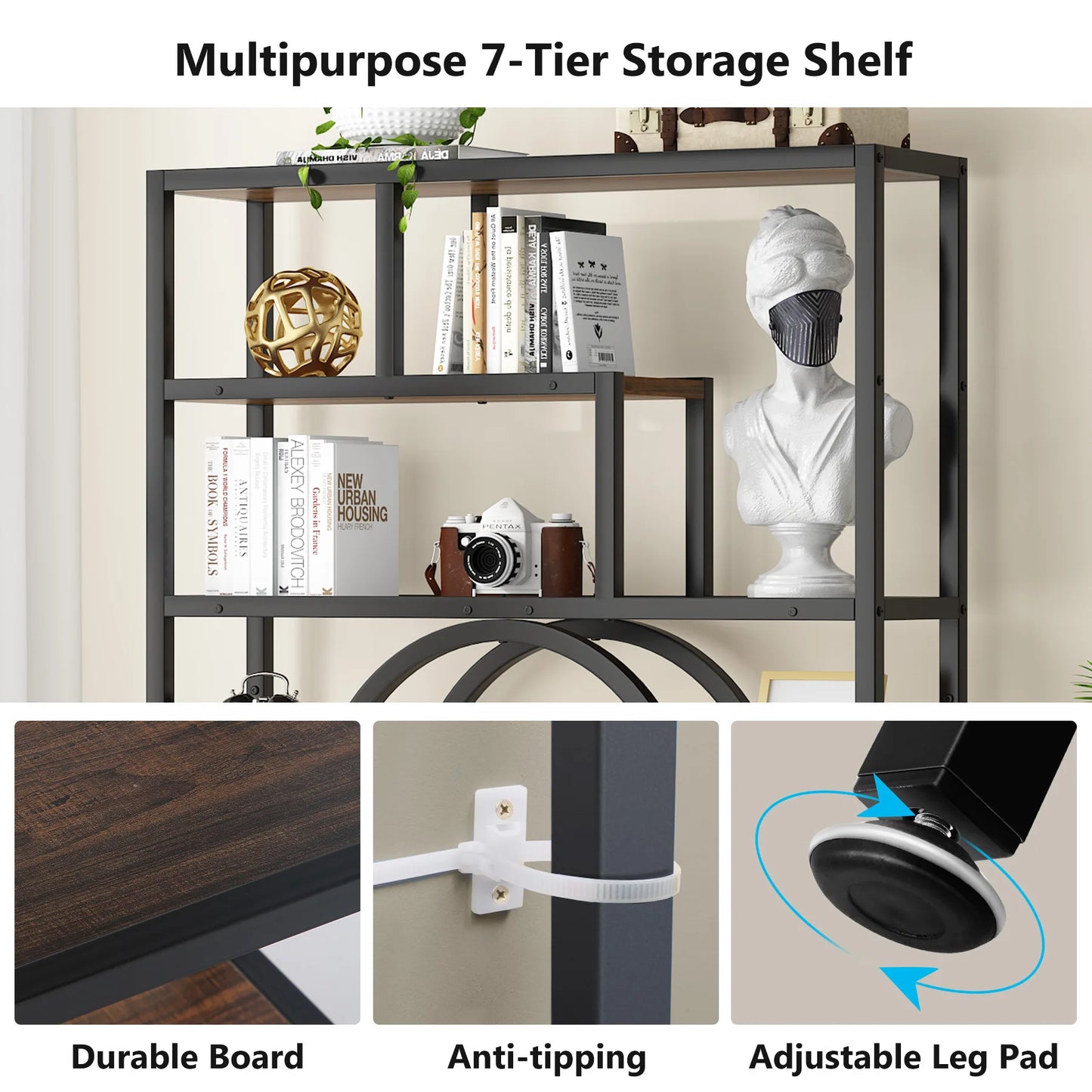 Elegant Geometric 5 Tier Bookshelf with Open Display Shelves