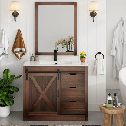 36” Farmhouse Bathroom Vanity Set with Sink, Faucet & Mirror