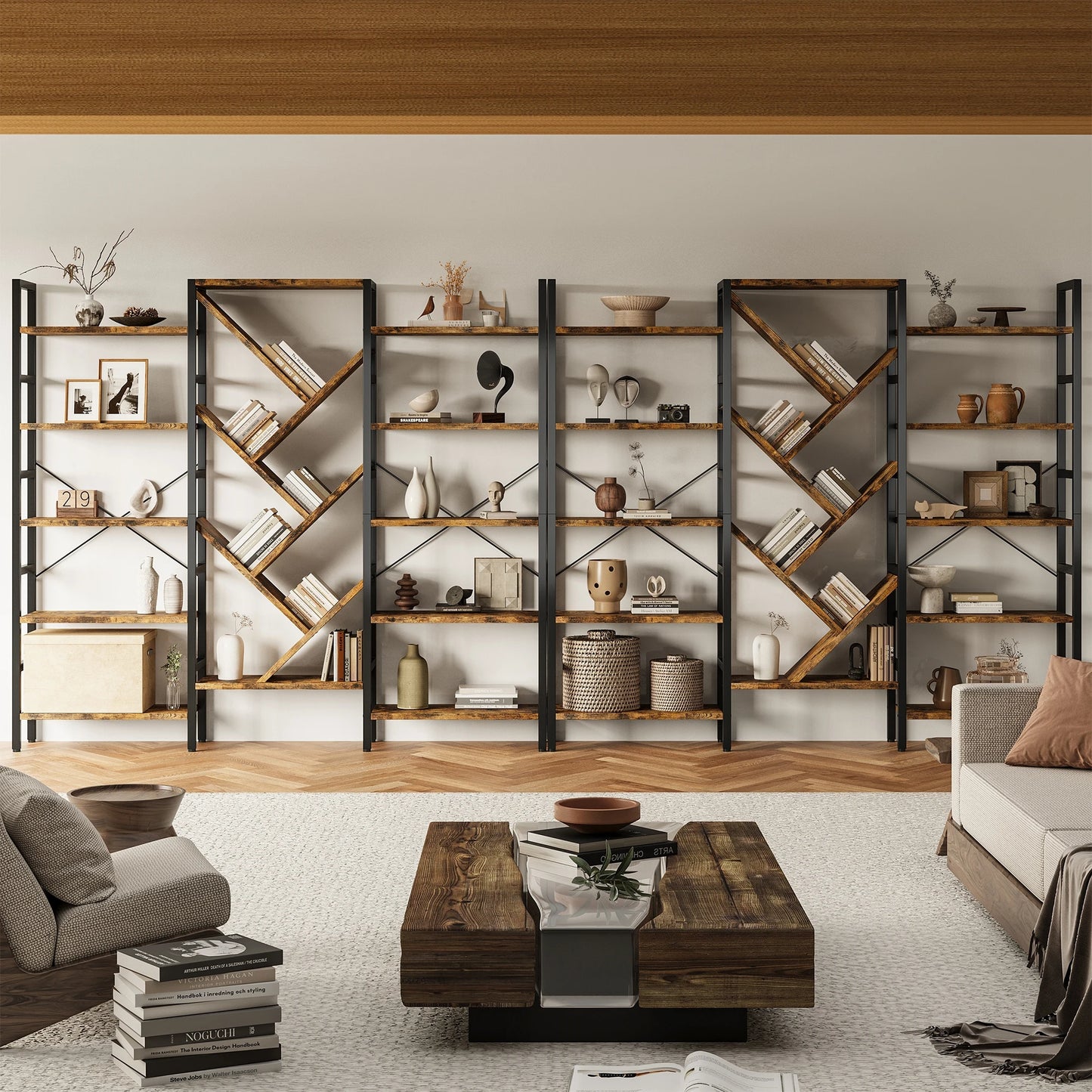 Large Wooden Bookcase with 17 Open Display Shelves
