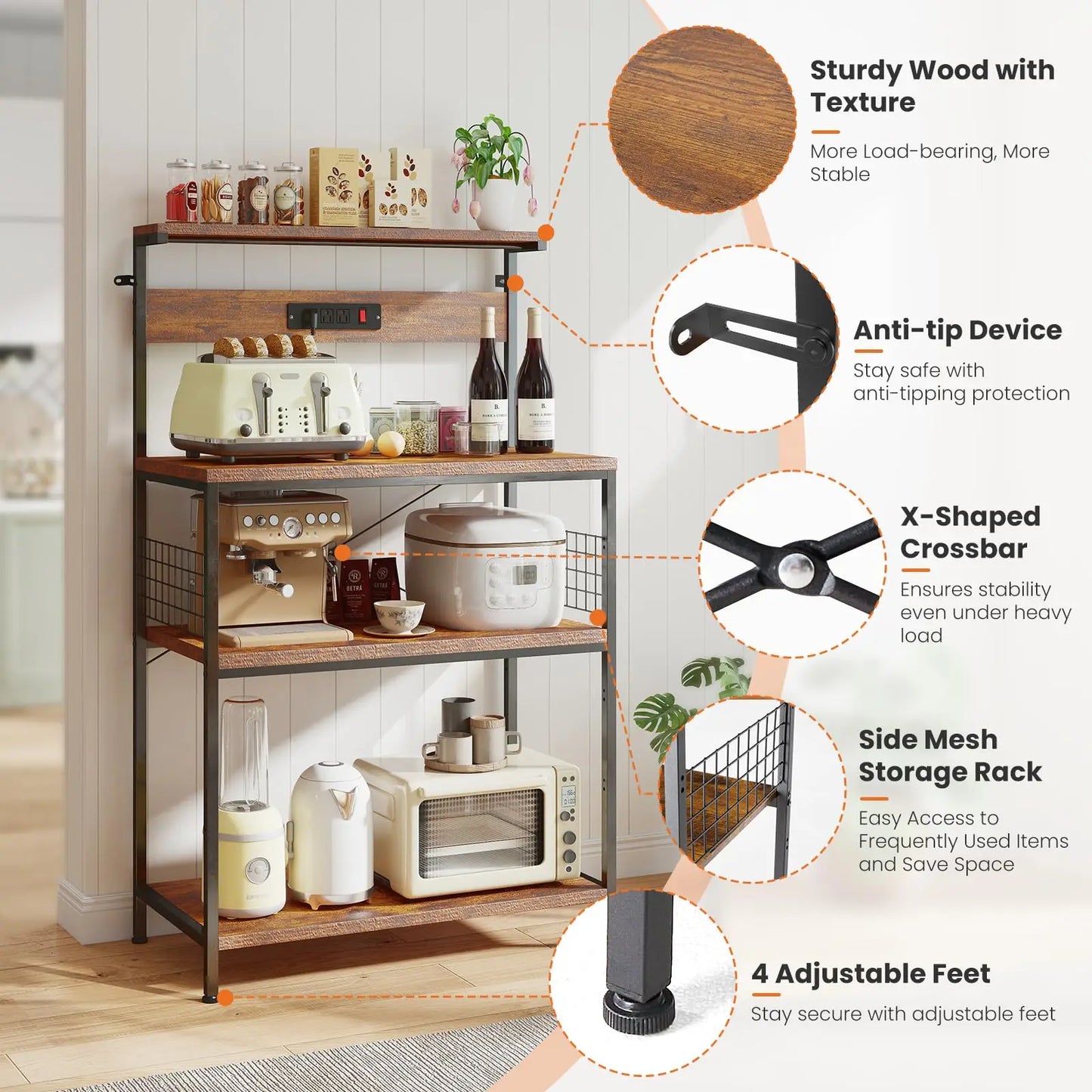 Kitchen Bakers Rack with Power Outlet & Adjustable Storage Shelf