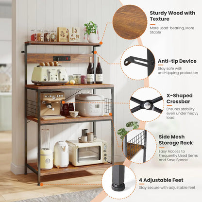 Kitchen Bakers Rack with Power Outlet & Adjustable Storage Shelf