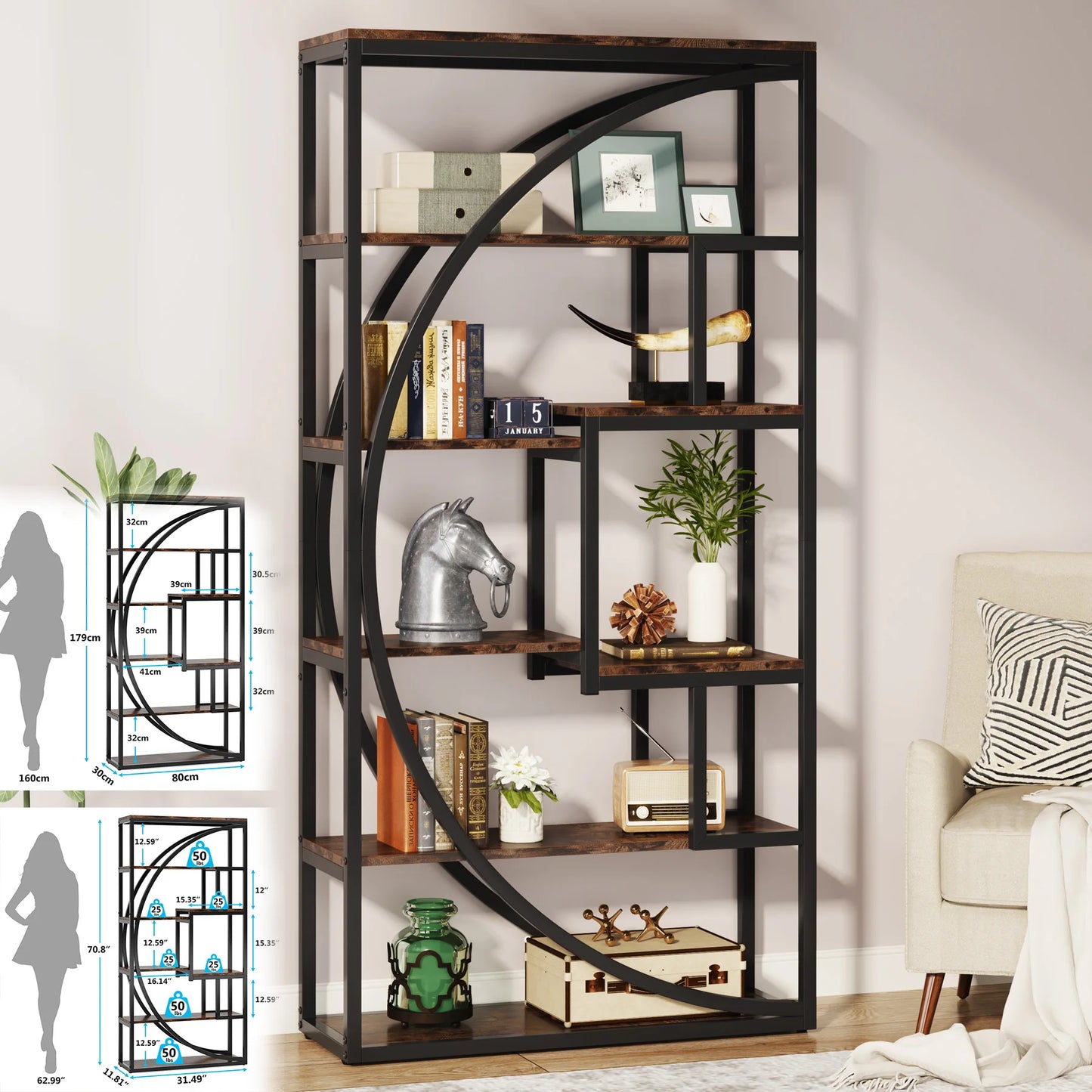 Elegant Geometric 5 Tier Bookshelf with Open Display Shelves