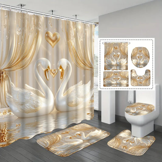 Gold Swan Shower Curtain Set with Rugs & Toilet Cover