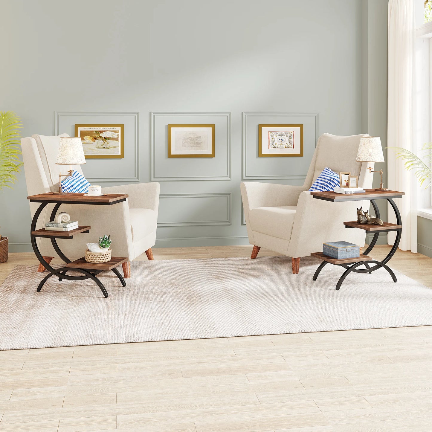 3-Tier, C-Shaped End Table with Storage Shelves