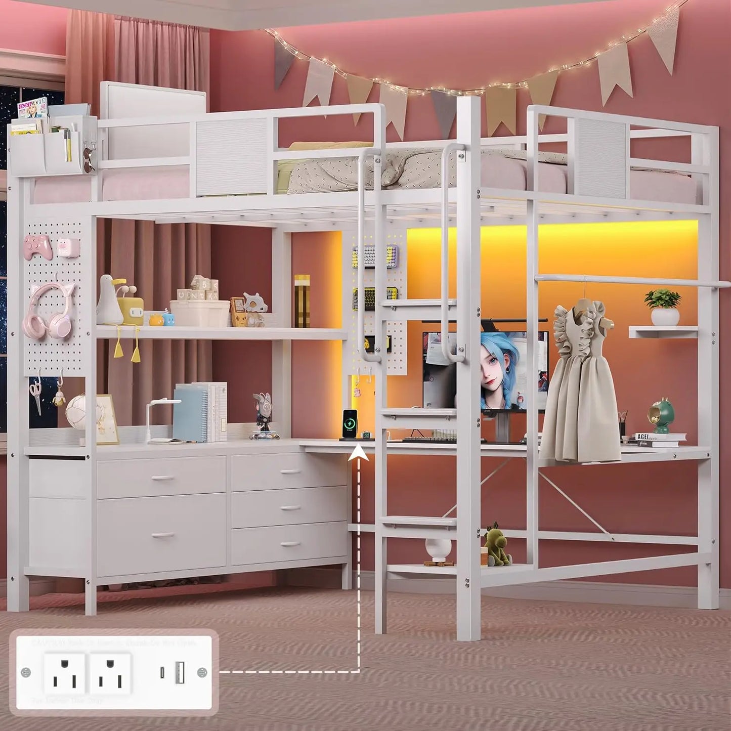 Full Size Loft Bed with Desk, Drawers, Shelves & Charging Station