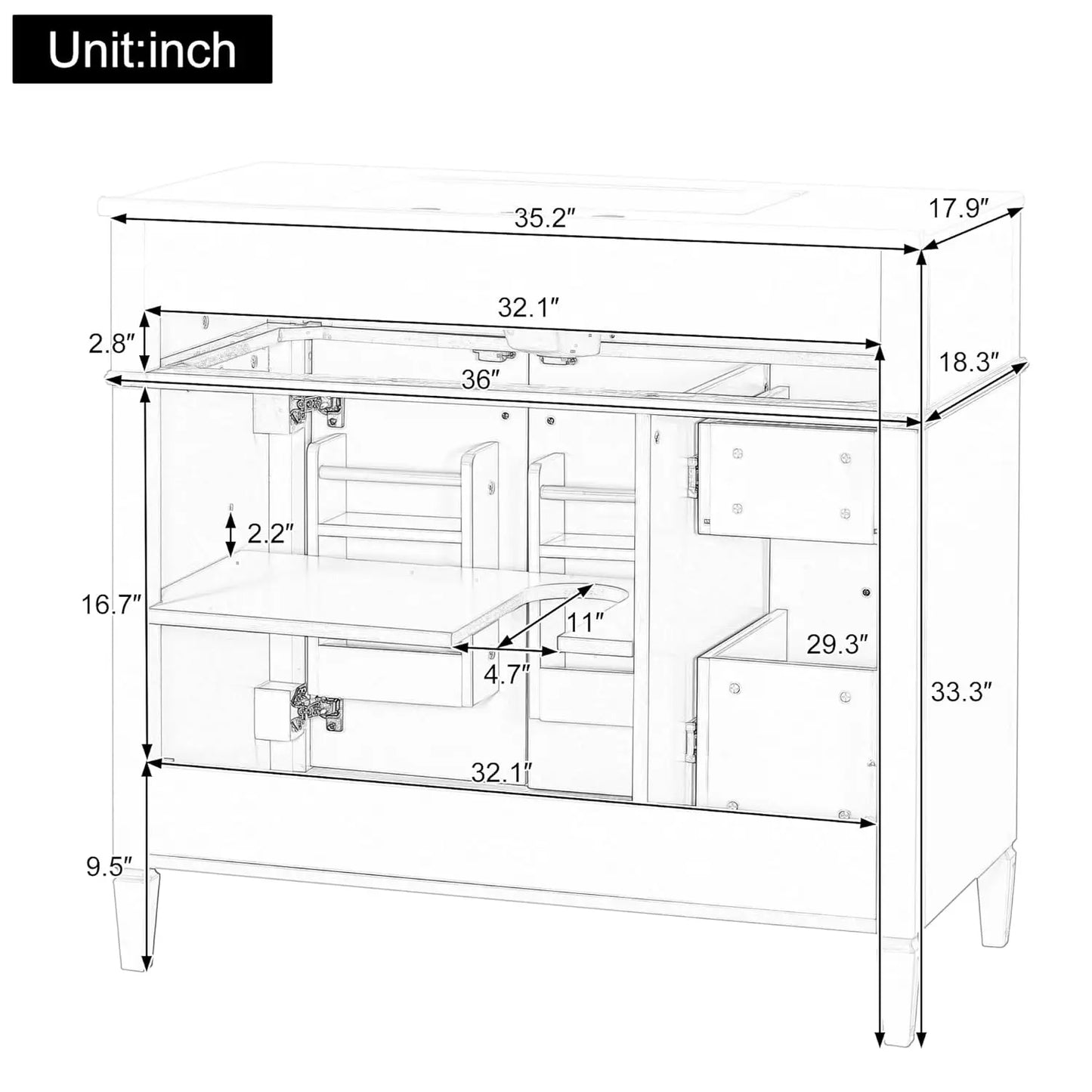 36" Free Standing Bathroom Vanity with Sink & Storage Drawers