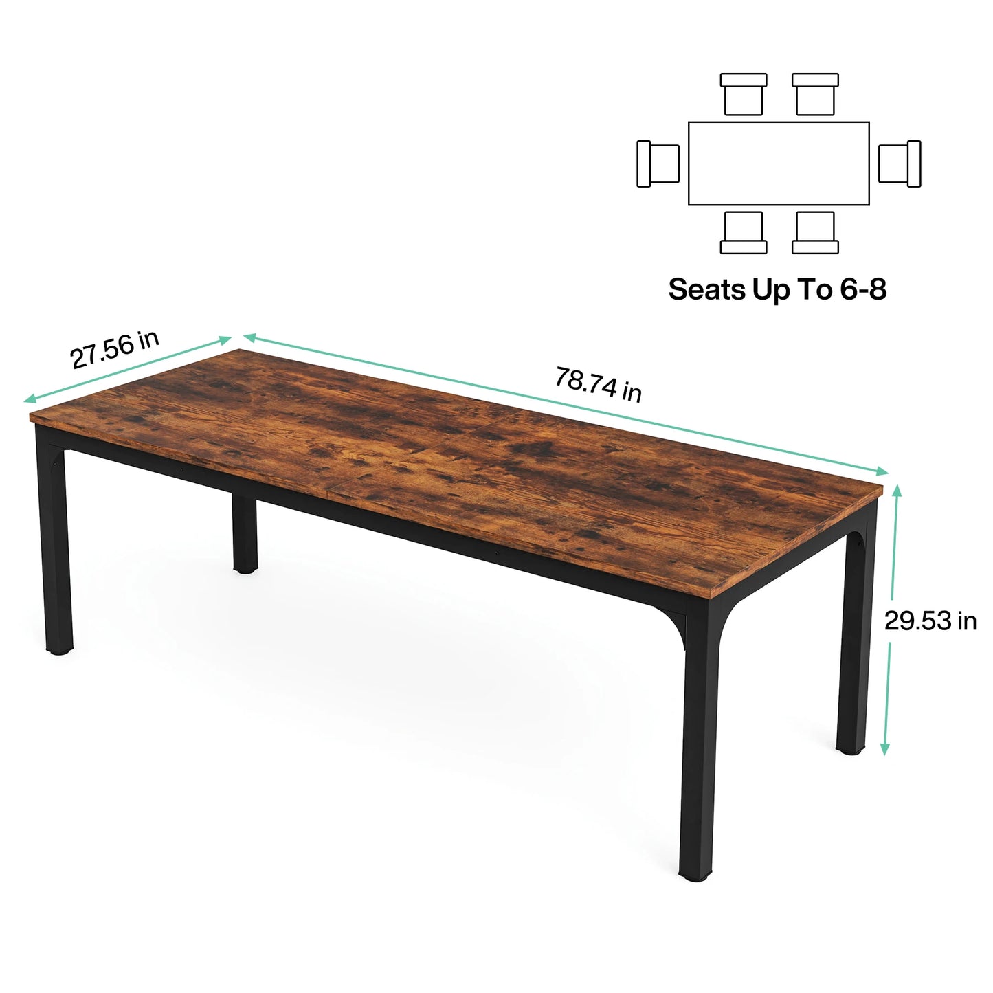 Long Rectangular Rustic Wood Dining Table for 6-8 People