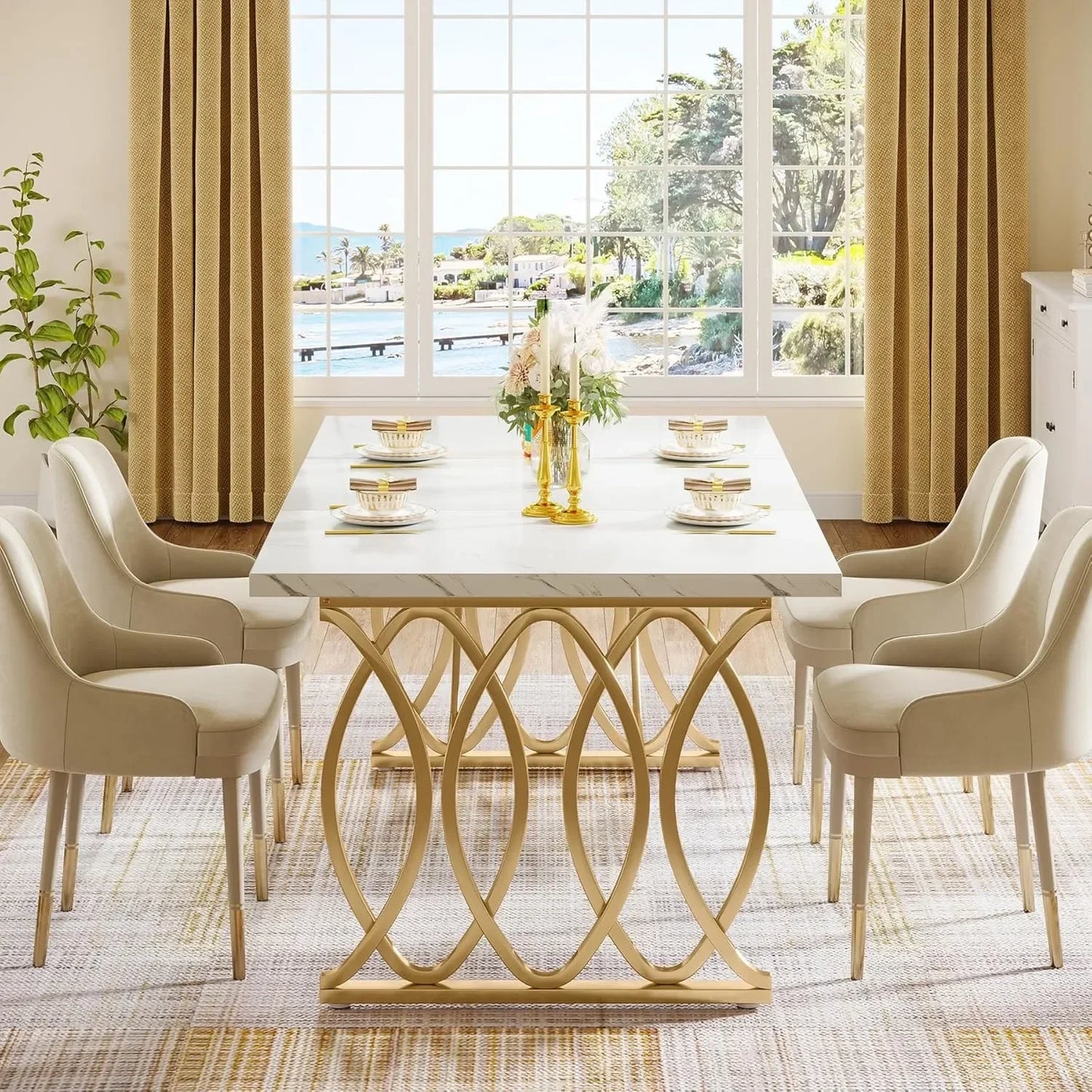 Faux Marble Modern Dining Table with Golden Geometric Legs