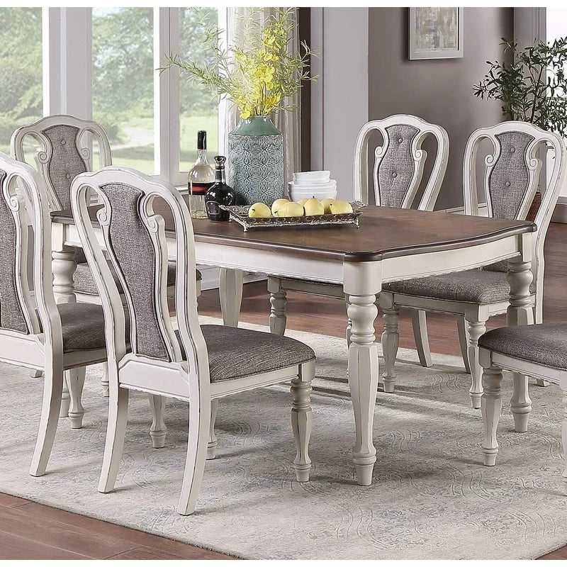 Oak Top 7-Piece Dining Set with 6 Antique White Cushioned Seats
