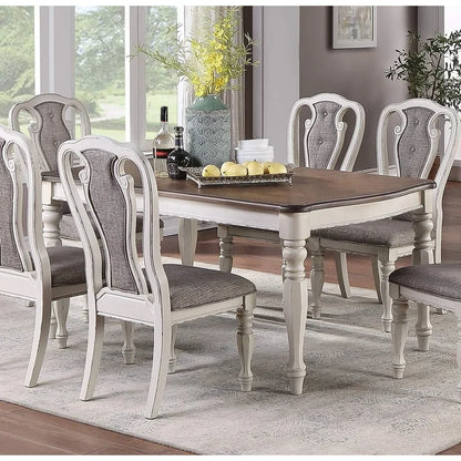 Oak Top 7-Piece Dining Set with 6 Antique White Cushioned Seats