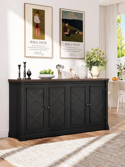 63 Inch Solid Wood Sideboard Buffet Cabinet w/ 4 Barn Doors