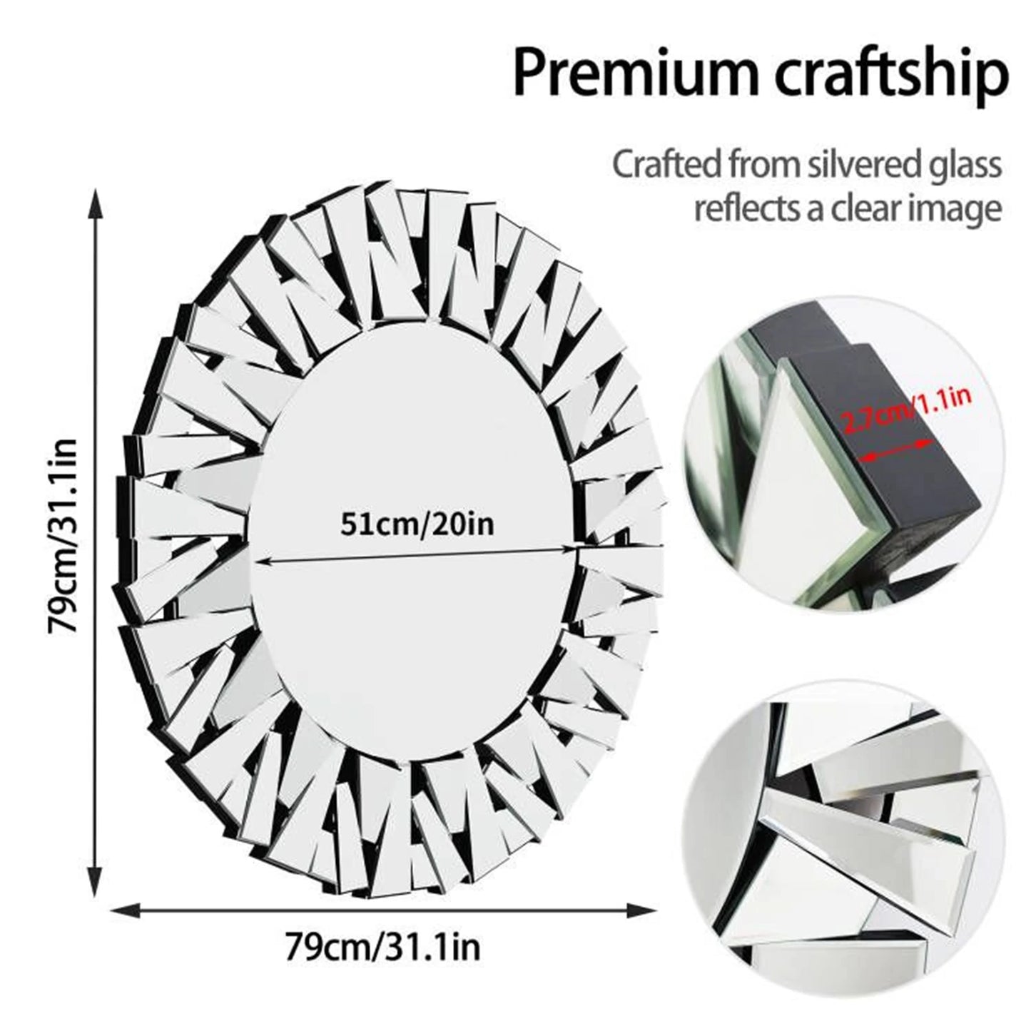 Unique Sunburst Decorative Wall Mirror, 31.5 Inch Round