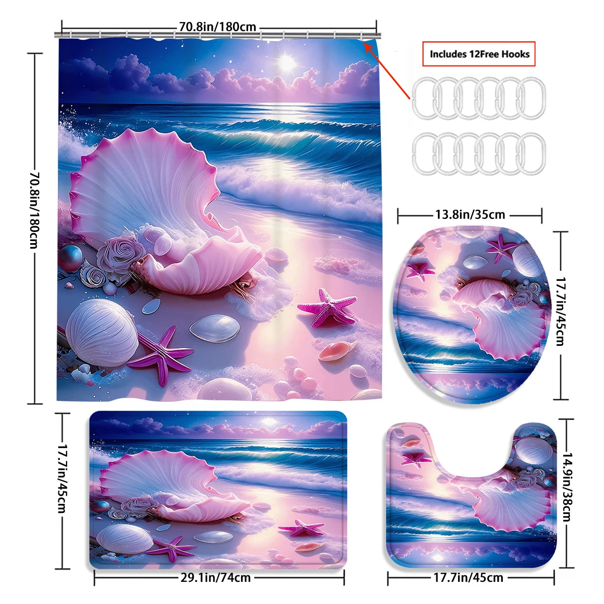 4 Pcs Pink Seashell Beach Shower Curtain Bathroom Set