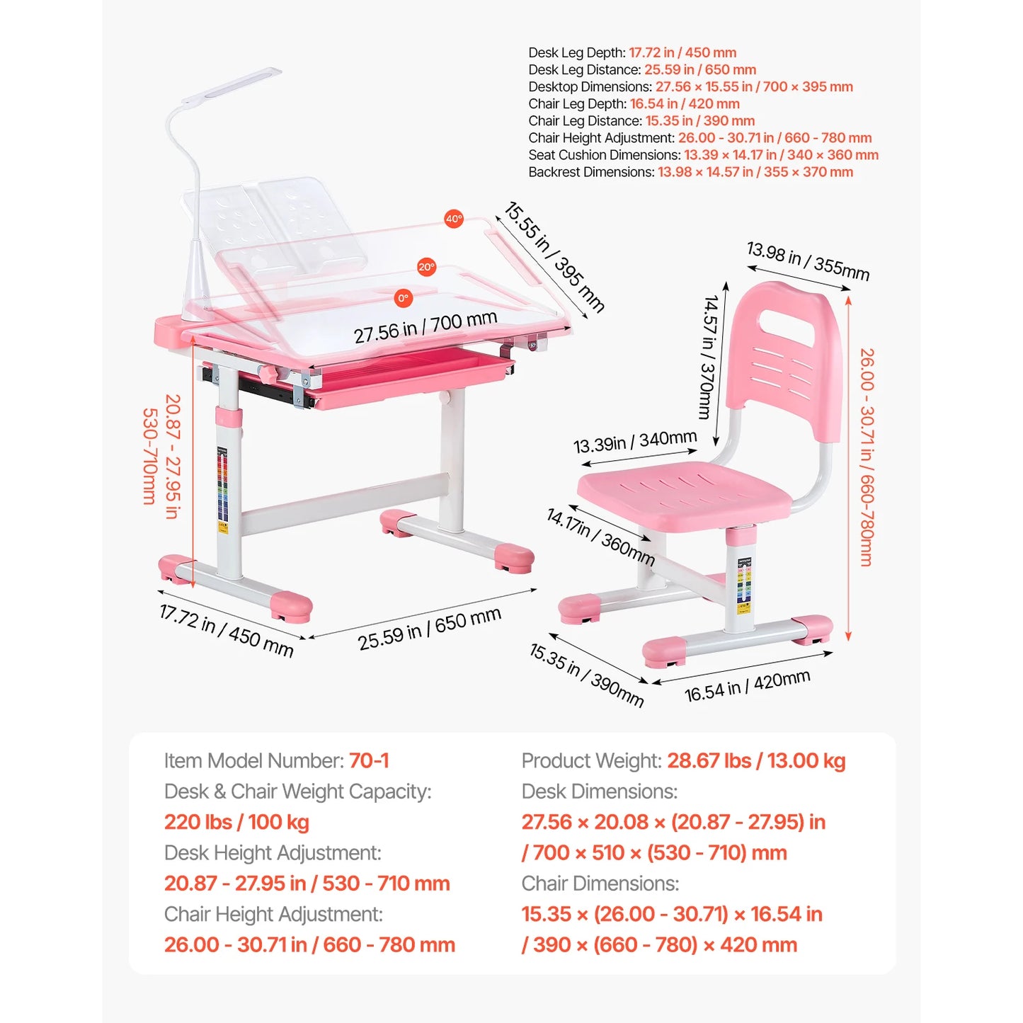Kids Study Chair and Desk Set with Adjustable Height