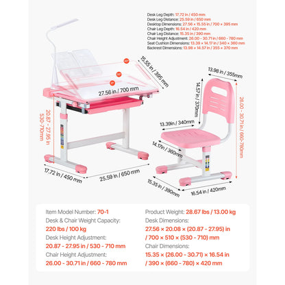 Kids Study Chair and Desk Set with Adjustable Height