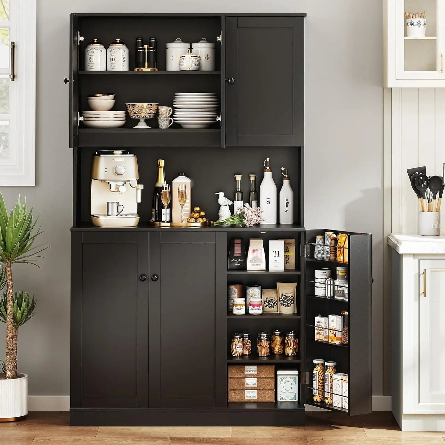 71in Tall Kitchen Pantry Storage Cabinet with Microwave Stand