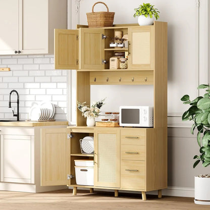 Rattan Kitchen Pantry Cabinet with 3 Drawers & Adjustable Shelves