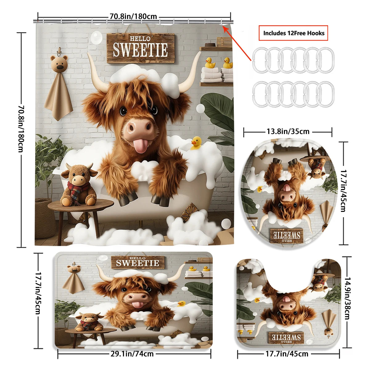 4Pcs Cute Highland Cow Shower Curtain Set with Hooks