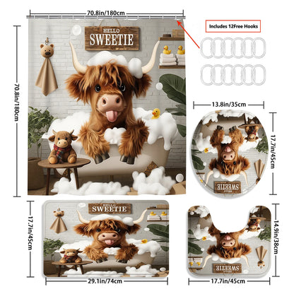 4Pcs Cute Highland Cow Shower Curtain Set with Hooks