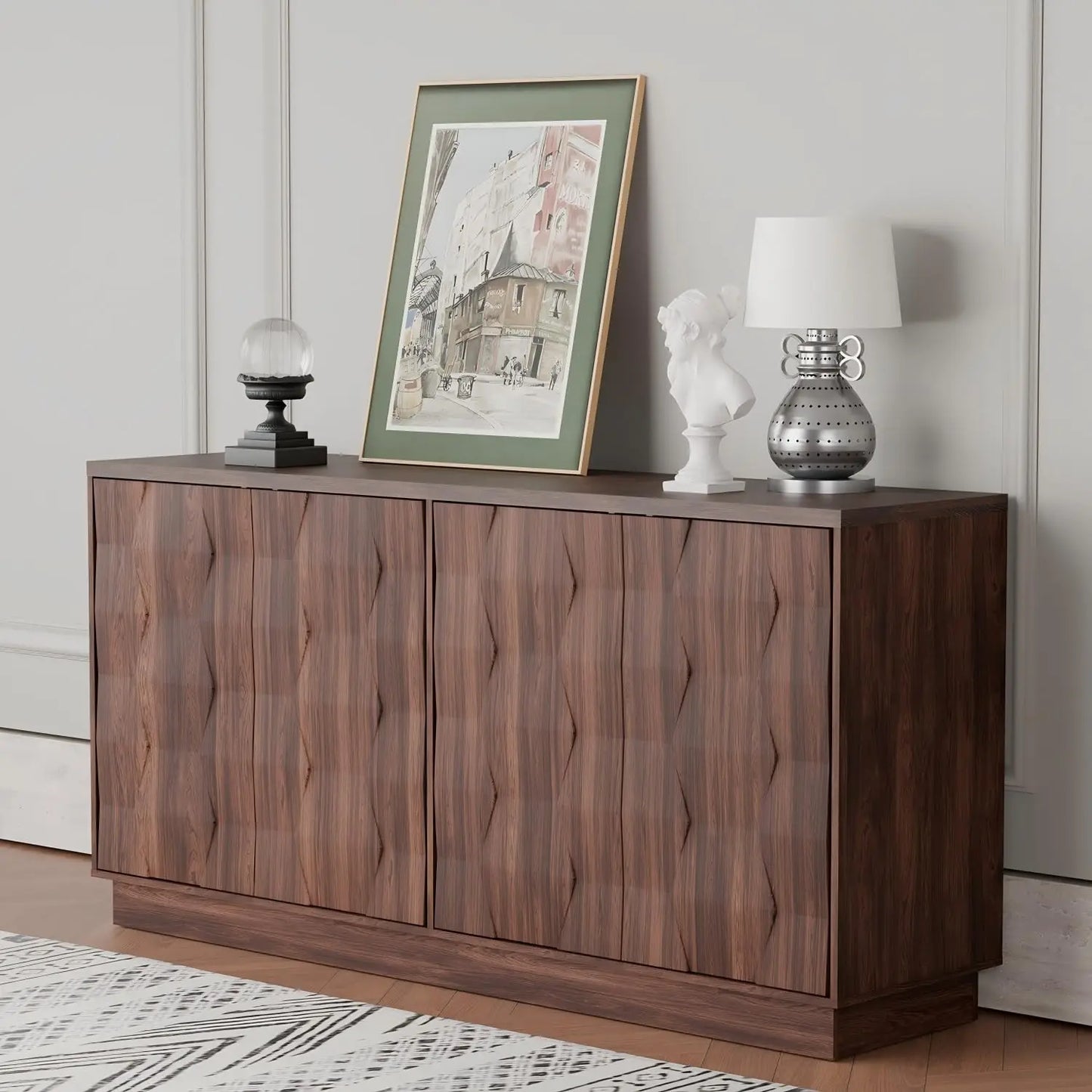 60" Walnut Sideboard Buffet Cabinet w/ Hexagon Textured Doors