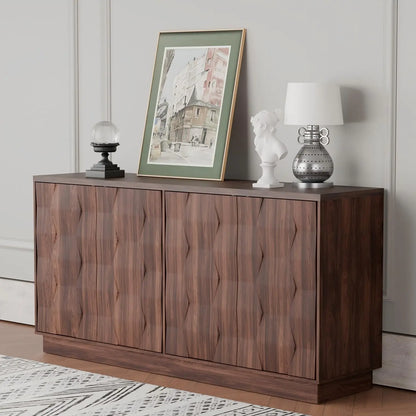 60" Walnut Sideboard Buffet Cabinet w/ Hexagon Textured Doors