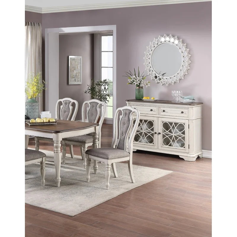 Oak Top 7-Piece Dining Set with 6 Antique White Cushioned Seats