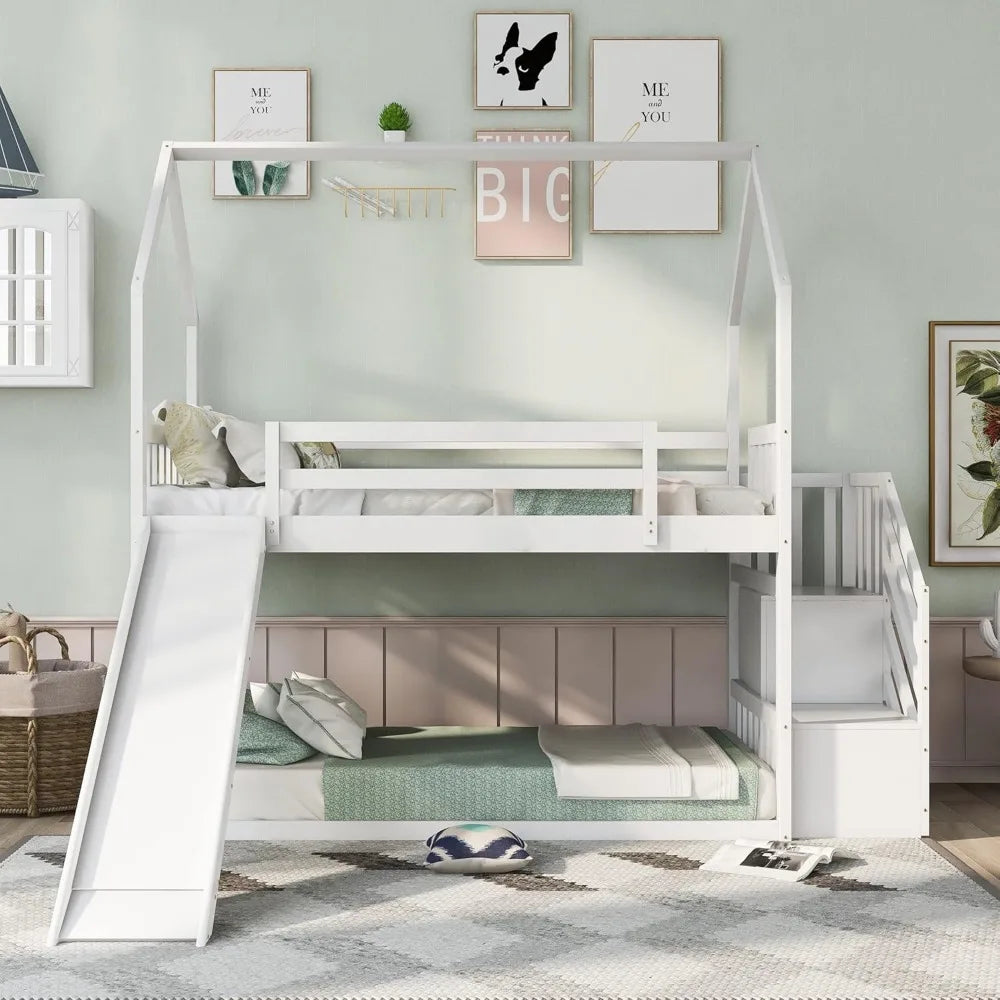 Twin Over Twin Bunk Bed with Slide & Storage Staircase