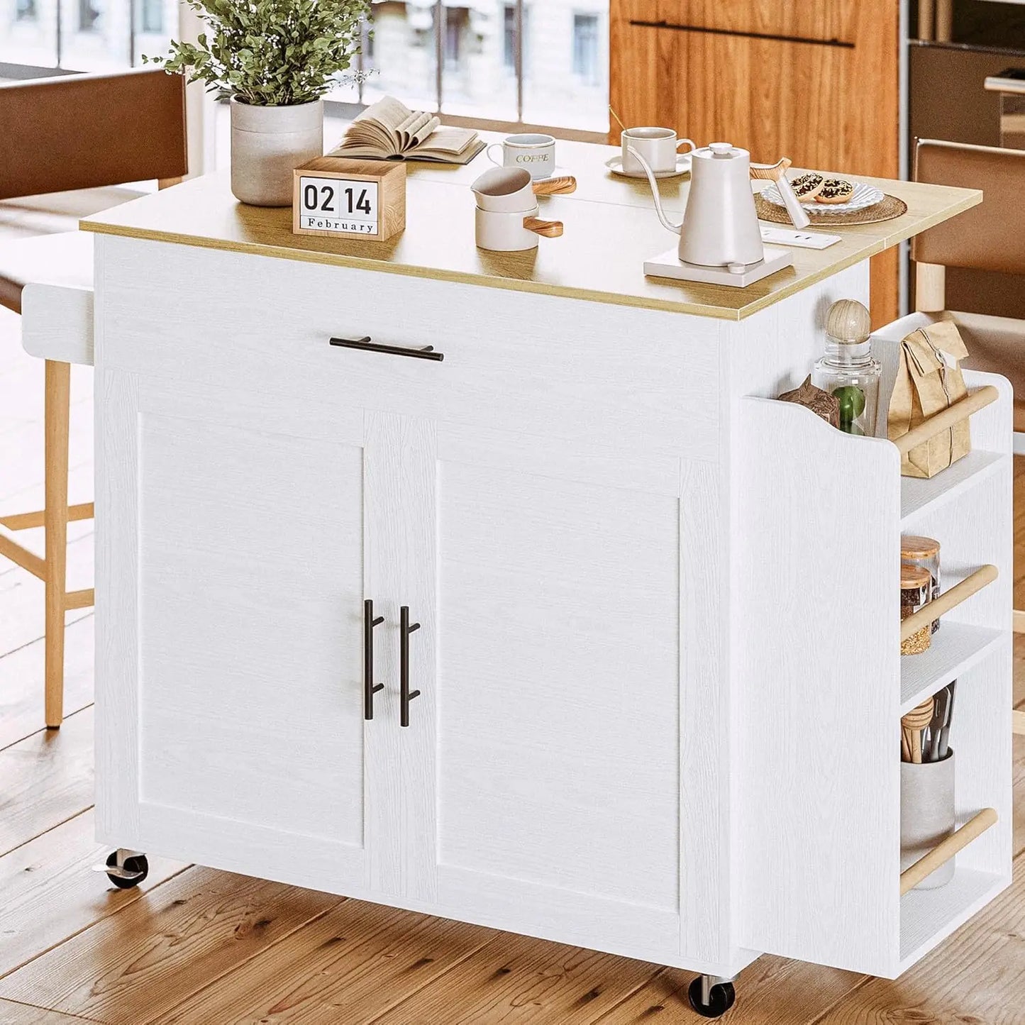Rolling Kitchen Island with Drop Leaf & Spice Rack Shelf