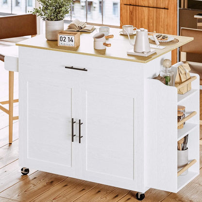 Rolling Kitchen Island with Drop Leaf & Spice Rack Shelf