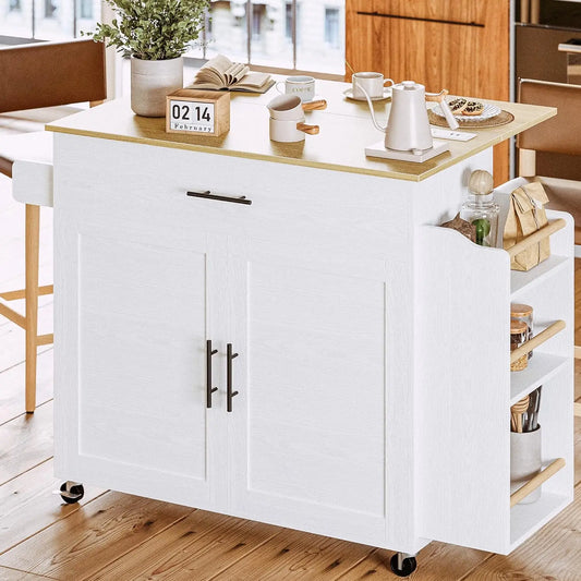 Rolling Kitchen Island with Drop Leaf & Spice Rack Shelf