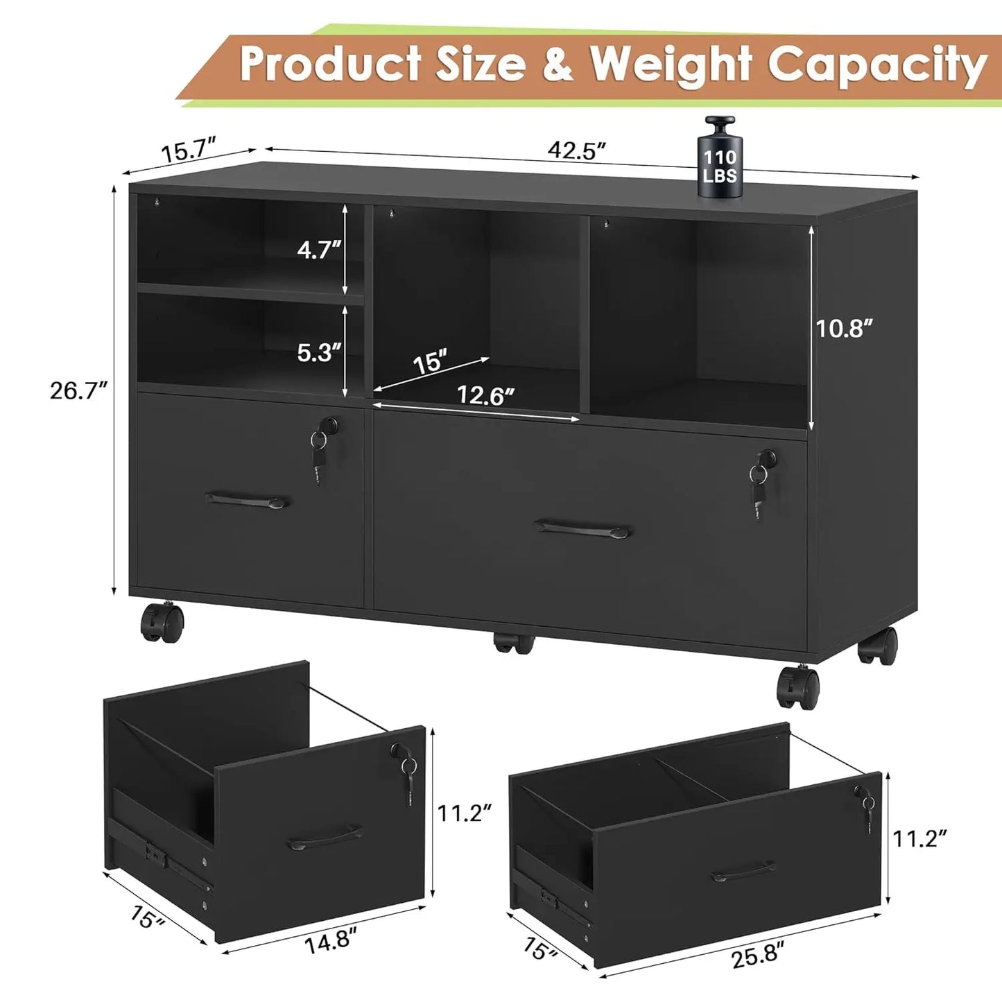 Portable 2 Drawer Wood Lateral File Cabinet with Lock