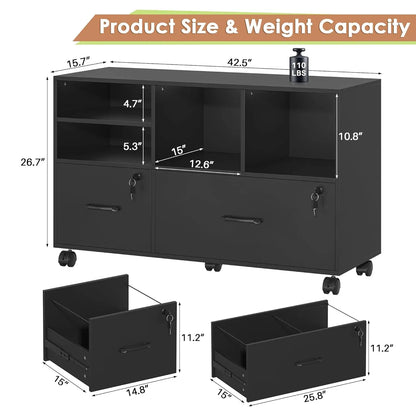 Portable 2 Drawer Wood Lateral File Cabinet with Lock